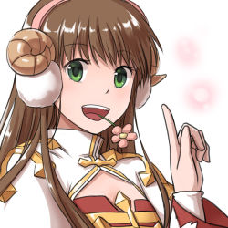 Rule 34 | 1girl, arch bishop (ragnarok online), brown hair, brown horns, cleavage cutout, clothing cutout, commentary request, cross, dress, earmuffs, fake horns, flower, flower in mouth, green eyes, horns, juliet sleeves, long hair, long sleeves, looking at viewer, natsuya (kuttuki), open mouth, pink flower, pointing, pointing up, puffy sleeves, ragnarok online, sheep horns, smile, solo, two-tone dress, upper body, white background, white dress