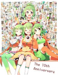 Rule 34 | 4girls, absurdres, amulet, anniversary, artist self-reference, belt, blush, boots, breasts, commentary, crop top, elbow gloves, facing viewer, finger gun, gloves, goggles, goggles on head, green skirt, gumi, gumi (v3 megpoid), gumi (v4 megpoid), highres, huge filesize, jacket, knee boots, looking at viewer, medium breasts, multiple girls, multiple persona, open mouth, orange gloves, orange jacket, orange legwear, orange shirt, orange skirt, pachio (patioglass), pointing, pointing at viewer, red goggles, shirt, sitting, skirt, sleeping, smile, strapless, suspenders, thighhighs, tube top, vocaloid, waving