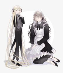 Rule 34 | 1boy, 1girl, absurdly long hair, absurdres, age difference, anklet, apron, bishounen, black dress, black footwear, black necktie, black pants, black ribbon, blonde hair, butler, collared shirt, crossdressing, dress, female butler, formal, full body, gloves, grey eyes, grey hair, hair between eyes, hair ribbon, hair rings, highres, jacket, jewelry, light smile, long hair, looking at viewer, maid, maid apron, maid headdress, male maid, msa (fary white), neck ribbon, necktie, original, pants, parted lips, ribbon, shirt, sitting, slit pupils, standing, suit, very long hair, wavy hair, white apron, white gloves