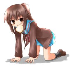 Rule 34 | 00s, 1girl, all fours, bread slice, food, food in mouth, gender request, genderswap, hoshi umi, kyon, kyonko, long hair, looking at viewer, mouth hold, ponytail, school uniform, serafuku, simple background, solo, suzumiya haruhi no yuuutsu, toast, toast in mouth, white background