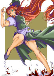 Rule 34 | 1girl, bare legs, black panties, blue eyes, breasts, chinese clothes, clenched hand, eruichi (redphantom), female focus, fighting stance, hair over one eye, hat, hong meiling, large breasts, long hair, muscular, muscular female, panties, pantyshot, red phantom, side slit, solo, touhou, underwear, very long hair