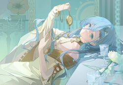 Rule 34 | 1girl, 37 (reverse:1999), absurdres, ancient greek clothes, armlet, blue background, blue eyes, blue hair, cup, drinking glass, flower, gold choker, greco-roman clothes, hair between eyes, hair spread out, hand up, highres, holding, holding pocket watch, long hair, looking at viewer, lying, on back, parted lips, phonograph, pocket watch, reverse:1999, single sleeve, solo, toga, upper body, very long hair, watch, white flower, wide sleeves, yi zhi zhi zhi bing