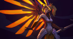Rule 34 | 1girl, backlighting, blonde hair, blue eyes, bodysuit, breasts, cowboy shot, dark background, glowing, glowing wings, halo, high ponytail, highres, holding, holding staff, lips, looking to the side, marcelo batisti, mechanical halo, mechanical wings, medium breasts, mercy (overwatch), nose, orange wings, overwatch, overwatch 1, purple background, resolution mismatch, sketch, solo, source larger, spread wings, staff, wings