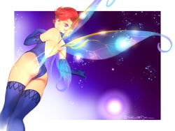 Rule 34 | 1girl, ass, bare shoulders, breasts, brown hair, fairy, fairy wings, gloves, leotard, looking at viewer, mini person, minigirl, pixie (megami tensei), pointy ears, red eyes, shin megami tensei, shin megami tensei iii: nocturne, short hair, simple background, smile, solo, thighhighs, tombsakura, wings
