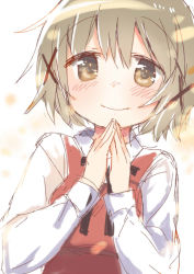 Rule 34 | 1girl, blush, brown eyes, brown hair, closed mouth, collared shirt, hair ornament, hidamari sketch, long sleeves, own hands together, shirt, short hair, sketch, smile, solo, tatsunokosso, upper body, white shirt, x hair ornament, yuno (hidamari sketch)