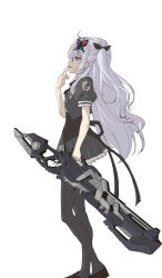 Rule 34 | 1girl, arm at side, assault lily, black pantyhose, black ribbon, black skirt, brown footwear, butterfly hair ornament, closed mouth, commentary, cropped jacket, emblem, feet out of frame, frilled skirt, frills, from side, grey hair, hair ornament, hair ribbon, hand to own mouth, hand up, heel up, highres, holding, holding weapon, imagawa homare, loafers, long hair, looking ahead, miniskirt, neck ribbon, one side up, pantyhose, parted lips, profile, purple eyes, ribbon, school uniform, shoes, simple background, skirt, solo, standing, tongue, tongue out, underbust, urutsu sahari, very long hair, wavy hair, weapon, white background, yurigaoka girls academy school uniform