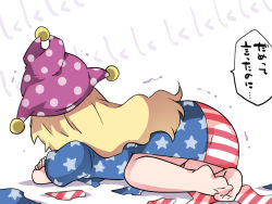 Rule 34 | 1girl, all fours, american flag dress, bad id, bad pixiv id, bare legs, barefoot, blonde hair, bullying, clownpiece, crying, dress, feet, full body, hammer (sunset beach), hat, jester cap, long hair, motion lines, no pants, pantyhose, polka dot, polka dot headwear, purple hat, sad, short dress, short sleeves, simple background, solo, speech bubble, talking, text focus, top-down bottom-up, torn clothes, torn pantyhose, touhou, translated, trembling, wavy hair, white background