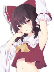 Rule 34 | 1girl, arm above head, armpits, ascot, bow, brown hair, detached sleeves, frills, hair bow, hair tubes, hakurei reimu, highres, light blush, looking at viewer, medium hair, midriff, navel, parted lips, pink eyes, purin jiisan, simple background, solo, touhou, upper body, white background, yellow ascot