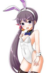 Rule 34 | 1girl, akebono (kancolle), akebono kai ni (kancolle), animal ears, bell, black choker, black thighhighs, blue bow, blue bowtie, bow, bowtie, breasts, choker, commentary request, contrapposto, cowboy shot, detached collar, fake animal ears, flower, grey eyes, grey hair, hair bell, hair flower, hair ornament, highres, jingle bell, kantai collection, leotard, long hair, looking at viewer, playboy bunny, rabbit ears, rabbit tail, side ponytail, simple background, small breasts, solo, strapless, strapless leotard, tail, thighhighs, very long hair, we (joshi ni fumare tai), white background, white leotard, wrist cuffs