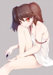 Rule 34 | 10s, 1girl, applying pedicure, bare shoulders, barefoot, brown eyes, brown hair, colored eyelashes, dress, feet, flat chest, grey background, hands on feet, holding, kantai collection, looking at viewer, nail polish, nilitsu, off shoulder, open mouth, painting nails, painting toenails, ryuujou (kancolle), see-through, sitting, solo, strap slip, sundress, twintails