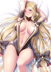 Rule 34 | 1girl, absurdres, armpits, arms behind head, arms up, bare shoulders, black bow, black leotard, blonde hair, blush, bow, breasts, center opening, cleavage, collarbone, curly hair, granblue fantasy, hair bow, highres, large breasts, leotard, long hair, looking at viewer, lying, melopun, navel, no bra, on back, predator (granblue fantasy), purple eyes, very long hair