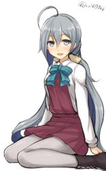 Rule 34 | 10s, 1girl, ahoge, antenna hair, artist name, blush, boots, bow, bowtie, don (29219), grey eyes, grey hair, hair bun, hair ribbon, kantai collection, kiyoshimo (kancolle), long hair, long sleeves, looking at viewer, low twintails, multicolored hair, open mouth, pantyhose, ribbon, school uniform, simple background, sitting, skirt, smile, solo, twintails, very long hair, white background