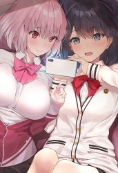 Rule 34 | 10s, 2girls, black hair, black skirt, blue eyes, blush, bow, bowtie, breasts, buttons, cellphone, closed mouth, collared shirt, earphones, gridman universe, jacket, large breasts, light purple hair, long hair, long sleeves, looking at viewer, multiple girls, off shoulder, open mouth, phone, pink neckwear, purple jacket, red bow, red neckwear, school uniform, shinjou akane, shirt, skirt, small breasts, smile, ssss.gridman, sweater, takarada rikka, thighs, white shirt, white sweater, yaman, zipper pull tab