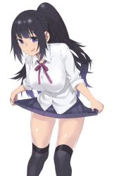 Rule 34 | 1girl, :q, black hair, black thighhighs, blue eyes, breasts, clothes lift, female focus, large breasts, leaning forward, long hair, musashimaru, original, pleated skirt, ponytail, school uniform, simple background, skirt, skirt lift, solo, thighhighs, tongue, tongue out, white background