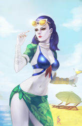 Rule 34 | 1girl, absurdres, alternate eye color, arm tattoo, beach, beach umbrella, bikini, blue bikini, blue sky, breasts, cleavage, cocktail glass, collarbone, colored skin, cote d&#039;azur widowmaker, cowboy shot, cup, day, drinking glass, earrings, eyelashes, eyewear on head, front-tie bikini top, front-tie top, highres, holding, holding cup, holding drinking glass, hoop earrings, jewelry, lipstick, long hair, looking to the side, makeup, medium breasts, navel, neck warmer, nose, official alternate costume, outdoors, overwatch, overwatch 1, purple hair, purple lips, purple skin, red lips, sarong, shinra (baby80526), short sleeves, sky, solo, standing, sunglasses, swimsuit, tattoo, umbrella, white-framed eyewear, widowmaker (overwatch), yellow eyes