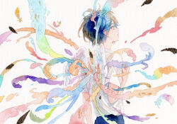 Rule 34 | 1boy, abstract, absurdres, arm at side, bare arms, black hair, blue hair, blue pants, child, closed mouth, hand up, highres, male focus, multicolored wings, original, painting (medium), pants, profile, shirt, short hair, short sleeves, solo, srnmomo, traditional media, upper body, watercolor (medium), white background, white shirt, wings