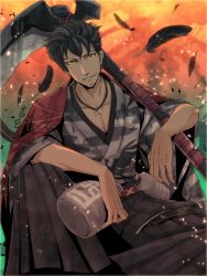 Rule 34 | 1boy, bad id, bad twitter id, black hair, bottle, cross, cross necklace, facial hair, feathers, hakama, hakama skirt, jacket, jacket on shoulders, japanese clothes, jewelry, male focus, manly, necklace, qrow branwen, rwby, sake bottle, scythe, skirt, solo, stubble, sumiwow