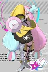 Rule 34 | 1girl, aqua hair, character hair ornament, creatures (company), full body, game freak, grey background, grey footwear, gym leader, hair ornament, hand up, iono (pokemon), jacket, long sleeves, multicolored hair, nintendo, oversized clothes, pink eyes, pink hair, pokemon, pokemon sv, sharp teeth, smile, solo, standing, star (symbol), tebukuro tette, teeth, thigh strap, twintails, two-tone hair, yellow jacket