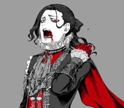 Rule 34 | 1boy, arizuka (catacombe), black cape, black hair, blood, blood from mouth, bloodborne, cape, chain, commentary request, fangs, gloves, grey background, hand up, jewelry, long hair, long sleeves, looking at viewer, male focus, monochrome, open mouth, pale skin, red cape, red eyes, red gloves, simple background, solo, spot color, two-sided fabric, upper body, vampire
