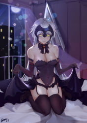 Rule 34 | 1girl, absurdres, bed, black dress, black footwear, black gloves, black skirt, black thighhighs, breasts, choker, clothes lift, dress, elbow gloves, fate/grand order, fate (series), garter straps, gins, gloves, headpiece, high heels, highres, indoors, jeanne d&#039;arc (fate), jeanne d&#039;arc alter (avenger) (fate), jeanne d&#039;arc alter (fate), jeanne d&#039;arc alter (holy night supper) (fate), large breasts, lifted by self, long hair, moon, night, night sky, off-shoulder dress, off shoulder, seiza, showgirl skirt, silver hair, sitting, skirt, skirt lift, sky, solo, thighhighs, yellow eyes