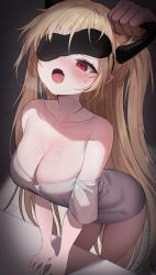 Rule 34 | 1girl, absurdres, bare shoulders, black blindfold, black horns, blindfold, blindfold slip, blonde hair, breasts, chimyo, cleavage, collarbone, commentary, crying, crying with eyes open, dress, fang, grey dress, highres, horn grab, horns, large breasts, long hair, one eye covered, open mouth, original, red eyes, revision, skin fang, solo focus, standing, strapless, strapless dress, symbol-only commentary, tears