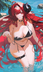 1girl absurdres ahoge alternate_costume azur_lane belt bikini black_bikini black_horns blush breasts choker cleavage commentary_request curled_horns demon_girl demon_horns hair_intakes highres hindenburg_(azur_lane) horns large_breasts long_hair looking_at_viewer navel nike_(nike1060) o-ring o-ring_bikini o-ring_choker o-ring_top ocean outdoors red_eyes shallow_water smile solo stomach swimsuit thigh_belt thigh_strap untied_bikini_top veins veiny_breasts very_long_hair wading water