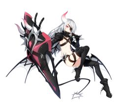 Rule 34 | 1girl, absurdres, black legwear, boots, bracelet, closers, commentary request, demon girl, demon tail, demon wings, eyepatch, heart, heart tail, highres, horns, jewelry, looking at viewer, luna aegis (closers), nail polish, red eyes, shield, shoulder spikes, silver hair, simple background, single horn, solo, spiked boots, spiked bracelet, spiked tail, spikes, tail, wings