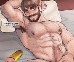 Rule 34 | 1boy, abs, arm hair, armpit hair, armpits, bara, beard, censored, chest hair, completely nude, erection, facial hair, hairy, large pectorals, looking at viewer, magnum opus (mewniverse), male focus, male masturbation, masturbation, mature male, mewniverse, mosaic censoring, multicolored hair, muscular, muscular male, mustache, navel, navel hair, nipples, nude, on bed, paid reward available, pectorals, presenting armpit, sam (mewniverse), seductive smile, short hair, sideburns, smile, solo, tenga, thick eyebrows, two-tone hair