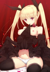Rule 34 | 1girl, bed sheet, black thighhighs, blazblue, blonde hair, blush, breasts, cameltoe, choker, clothes in mouth, clothes lift, curtains, daiaru, dress, dress in mouth, dress lift, elbow gloves, flower, gloves, gothic lolita, hair ribbon, highres, lolita fashion, long hair, mouth hold, navel, panties, petals, rachel alucard, red eyes, red flower, red rose, ribbon, rose, sitting, solo, thighhighs, twintails, underwear, wariza, white panties