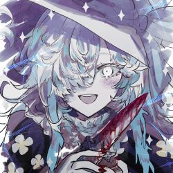 Rule 34 | 1girl, absurdres, alternate costume, black sleeves, blood, bloody knife, blue hair, blush, commentary request, crazy, dripping eye, flower, hair over one eye, halftone, hands up, hat, highres, holding, holding knife, isekai joucho, kamitsubaki studio, knife, long hair, looking at viewer, multicolored hair, noranekogahara, omajinai (synthesizer v), one eye covered, open mouth, portrait, red nails, ringed eyes, smile, solo, streaked hair, virtual youtuber, white background, white eyes, white hair, witch hat