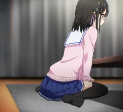 Rule 34 | 10s, 1girl, ass, black hair, brown eyes, from side, full body, hanasaka yui, highres, miniskirt, no shoes, one room, pleated skirt, school uniform, screencap, short hair, sitting, skirt, solo, stitched, thighhighs, third-party edit, wariza