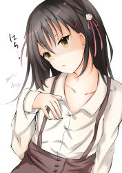Rule 34 | 1girl, black hair, blush, brown eyes, brown skirt, cafe stella to shinigami no chou, collarbone, collared shirt, dakkusu, dated, dress shirt, earrings, empty eyes, flower, hair between eyes, hair flower, hair ornament, hair ribbon, hairclip, hand up, highres, jewelry, long hair, long sleeves, parted lips, pink ribbon, ribbon, rose, shaded face, shiki natsume, shirt, signature, simple background, skirt, sleeves past wrists, solo, stud earrings, suspender skirt, suspenders, white background, white flower, white rose, white shirt