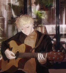 1boy acoustic_guitar atou_haruki black_jacket blonde_hair brown_sweater chinese_commentary closed_mouth commentary commentary_request english_commentary guitar highres holding holding_instrument instrument jacket long_sleeves male_focus mixed-language_commentary music open_clothes open_jacket playing_instrument red_eyes saibou_shinkyoku short_hair solo sweater turtleneck turtleneck_sweater zhiyanpianyu55126