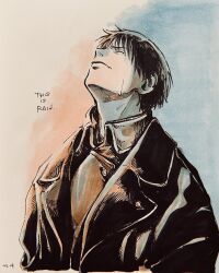 Rule 34 | 1boy, amestris military uniform, arms at sides, black coat, black hair, blue theme, buttons, closed eyes, closed mouth, coat, collared jacket, commentary, crying, double-breasted, english text, frown, fullmetal alchemist, head back, highres, jacket, kachohuugetsu, male focus, military uniform, monochrome, orange theme, roy mustang, sad, simple background, spot color, symbol-only commentary, tears, text focus, two-tone background, uniform, upper body, white background