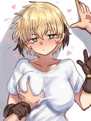 Rule 34 | 1boy, 1girl, absurdres, blonde hair, blush, blush stickers, breast hold, breasts, ebora, fate/grand order, fate (series), gareth (fate), gloves, green eyes, hair flaps, highres, large breasts, looking at viewer, pillow, short hair