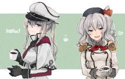 Rule 34 | 10s, 2girls, bad id, bad twitter id, blonde hair, coffee, cup, gloves, graf zeppelin (kancolle), grey eyes, hat, hita (hitapita), kantai collection, kashima (kancolle), military, military uniform, multiple girls, silver hair, smile, teacup, twintails, uniform, wavy hair