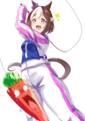 Rule 34 | + +, 1girl, animal ears, blush, bow, braid, brown hair, carrot, commentary request, ear bow, feet out of frame, fishing line, fishing rod, french braid, hair between eyes, highres, holding, holding fishing rod, horse ears, horse girl, horse tail, jacket, looking at viewer, multicolored hair, open mouth, purple bow, purple eyes, race bib, screaming, shiranui (jari boy), short hair, simple background, smile, solo, sparkle, special week (umamusume), streaked hair, tail, track jacket, track suit, umamusume, v-shaped eyebrows, white background, white hair