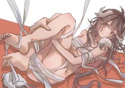 Rule 34 | 1girl, animal ears, arknights, ass, bandaged arm, bandages, bare arms, bare legs, bare shoulders, barefoot, breasts, brown hair, chinese commentary, commentary request, eyjafjalla (arknights), horns, knees up, long hair, looking at viewer, lying, miyuan ball, naked bandage, on back, pink eyes, sarashi, sheep ears, sheep horns, small breasts, smile, solo, thighs