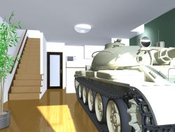 Rule 34 | 3d, aku to diamond, bad id, bad pixiv id, caterpillar tracks, commentary request, door, house, microwave, military, military vehicle, motor vehicle, no humans, planter, stairs, surreal, t-54 (soviet), tank, tree, vehicle, vehicle focus, wood
