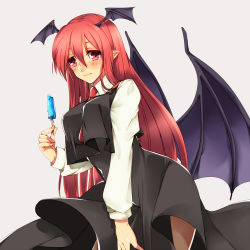 Rule 34 | 1girl, bat wings, blush, breasts, food, grey background, head wings, koakuma, long hair, long sleeves, low wings, necktie, pointy ears, popsicle, red eyes, red hair, shirt, skirt, solo, tomo asa (confetto-o), touhou, vest, wings