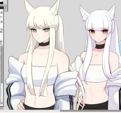 Rule 34 | 1girl, animal ears, arknights, bandeau, bare shoulders, black choker, brown eyes, choker, commentary, grey background, horse ears, jacket, long hair, long sleeves, looking at viewer, midriff, multiple views, navel, off shoulder, platinum (arknights), ponytail, simple background, stomach, strapless, supershrimpcakes, tube top, upper body, very long hair, white hair, white jacket
