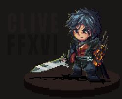 Rule 34 | 1boy, black cape, black hair, cape, clive rosfield, closed mouth, final fantasy, final fantasy xvi, holding, holding sword, holding weapon, pixel art, red shirt, shirt, short hair, simple background, solo, sword, weapon, zipflop