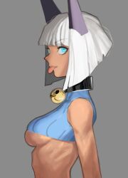 Rule 34 | 1girl, blue eyes, bob cut, breasts, cat girl, collar, crop top, dark-skinned female, dark skin, from side, grey background, looking at viewer, medium breasts, ms. fortune (skullgirls), neck bell, skullgirls, solo, tongue, tongue out, underboob, upper body, white hair, yos (@nnsee d)