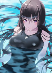 Rule 34 | 1girl, bare shoulders, black hair, black one-piece swimsuit, blush, breasts, collarbone, competition swimsuit, fate/grand order, fate (series), highres, jonsun, large breasts, long hair, looking at viewer, murasaki shikibu (fate), one-piece swimsuit, open mouth, purple eyes, solo, swimming, swimsuit, very long hair, water