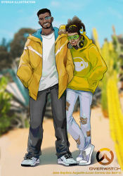 Rule 34 | 2boys, baggy clothes, baptiste (overwatch), beard, black pants, blurry, blurry background, casual, chain, chain necklace, character name, copyright name, dark-skinned male, dark skin, denim, dreadlocks, facial hair, full body, goatee, goggles, green-tinted eyewear, grey pants, hair ornament, hair scrunchie, hand in pocket, hands in pockets, headphones, headphones around neck, highres, hood, hooded jacket, hoodie, jacket, jeans, jewelry, laughing, long hair, lucio (overwatch), male focus, multiple boys, necklace, nike (company), overwatch, overwatch (logo), overwatch 1, pants, rimless eyewear, scouter, scrunchie, shoes, short hair, sneakers, teeth, tinted eyewear, torn clothes, torn jeans, torn pants, undercut, upper teeth only, very dark skin, white footwear, wireless, yellow hoodie, yellow jacket, yellow scrunchie, yshua