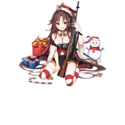Rule 34 | 1girl, battle rifle, bell, black skirt, blush, bow, bra, breasts, brown hair, candy, candy cane, christmas, commentary request, food, full body, gift, girls&#039; frontline, gun, hair ornament, hat, jianren, long hair, looking at viewer, m21, m21 (girls&#039; frontline), m21 (xmas at home) (girls&#039; frontline), match grade firearm, match grade rifle, medium breasts, midriff, multicolored hair, official alternate costume, official art, red eyes, red hair, ribbon, rifle, santa hat, scope, skirt, sniper rifle, snowman, solo, striped clothes, striped ribbon, striped thighhighs, thighhighs, transparent background, underwear, weapon