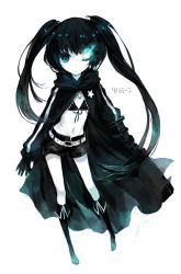 Rule 34 | 10s, 1girl, bad id, bad pixiv id, bikini, bikini top only, black hair, black rock shooter, black rock shooter (character), blue eyes, blue theme, boots, coat, female focus, full body, glowing, glowing eyes, juexing (moemoe3345), long hair, monochrome, navel, pale skin, scar, shorts, simple background, solo, swimsuit, twintails, very long hair, white background
