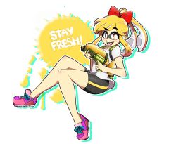 Rule 34 | 1girl, bike shorts, black shorts, blonde hair, blush, bow, brown eyes, doopiedoover, fang, full body, gun, hair bow, highres, holding, holding gun, holding weapon, inkling, inkling girl, inkling player character, long hair, looking at viewer, nintendo, open mouth, ponytail, red bow, shirt, shoes, short sleeves, shorts, sidelocks, smile, sneakers, solo, splatoon (series), splatoon 1, tongue, tongue out, transparent background, weapon, white shirt