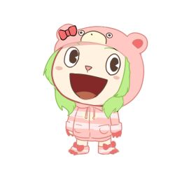 1girl :d animal_ears animal_hood bear_ears bear_hood blush_stickers bow chibi drawstring ear_bow fake_animal_ears full_body green_hair happy_tree_friends hood hood_up hooded_jacket jacket long_hair long_sleeves morinaka_kazaki nijisanji open_mouth pink_shorts rebecca_(keinelove) red_bow shorts simple_background smile socks solo standing striped_clothes striped_jacket striped_socks virtual_youtuber white_background