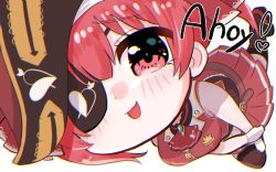 Rule 34 | 1girl, arrow through heart, bicorne, blush stickers, chibi, eyepatch, foreshortening, from above, hat, hololive, houshou marine, looking at viewer, nabe (nabe otome), pirate, pirate hat, red eyes, red skirt, skirt, sleeveless, solo, virtual youtuber